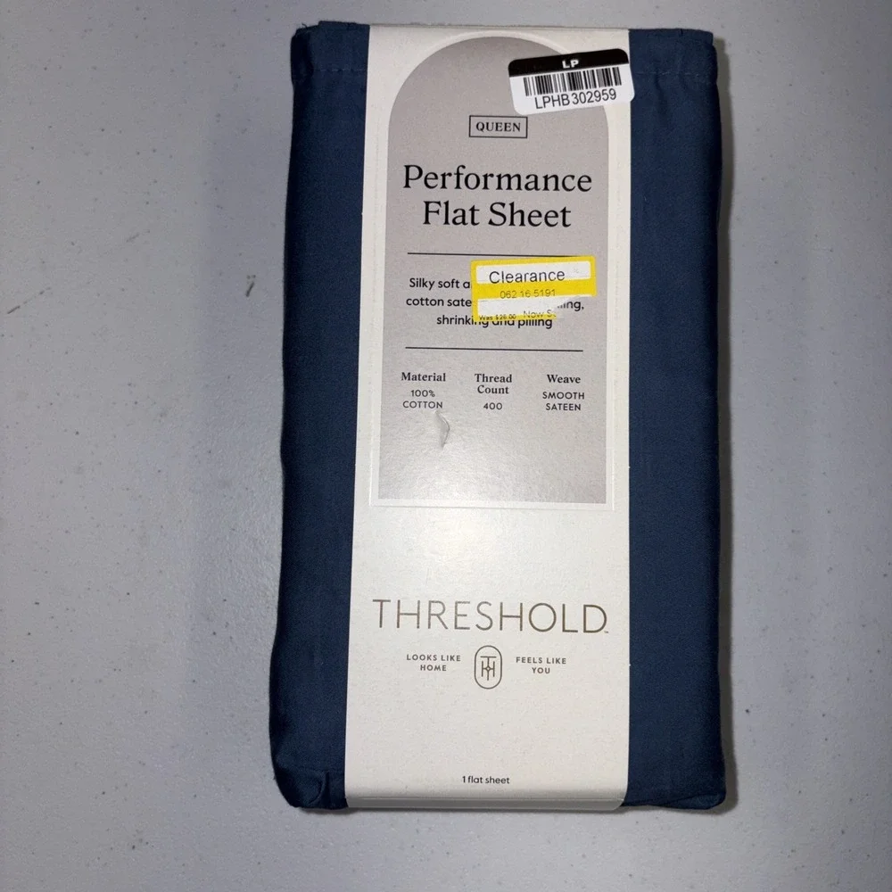 Threshold Performance 100% Cotton Sateen QUEEN Flat Sheet Blue 400 TC Smooth